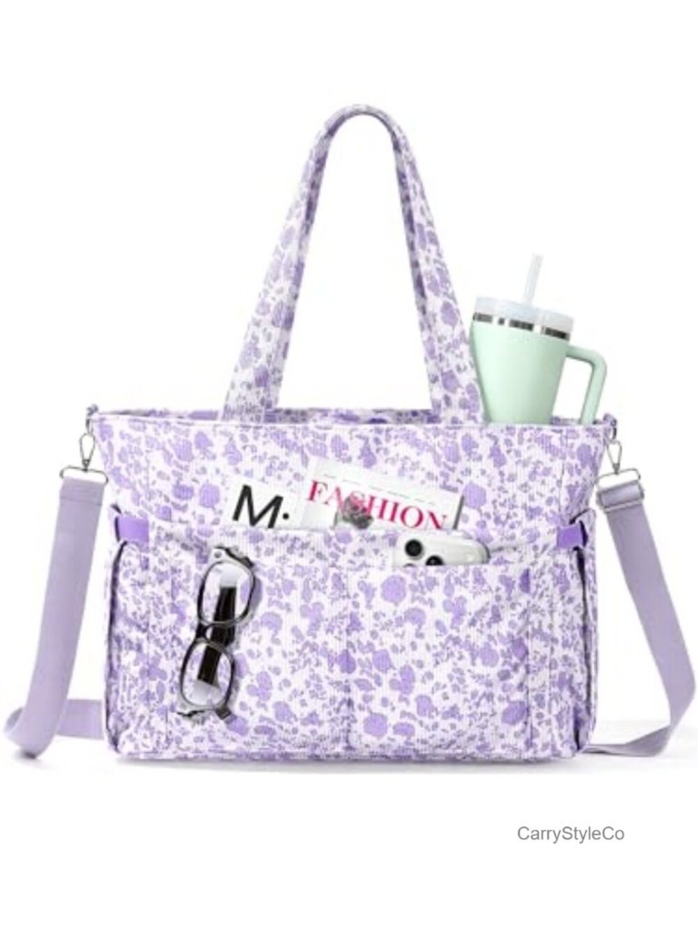 Corduroy Tote Bag for Women with 40oz Cup Holder, 17 Pockets, Laptop Work